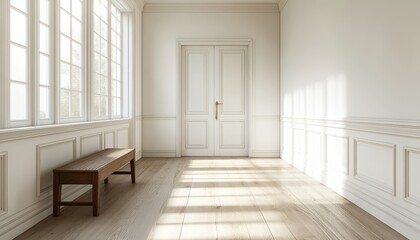 Bright white hallway with coat rack and light streaming through large windows