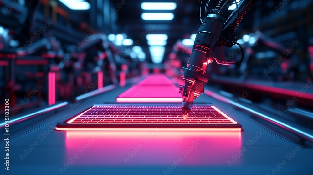 Aufkleber Robotic arm working on an assembly line in a futuristic factory setting, with neon lights and a red glowing surface.