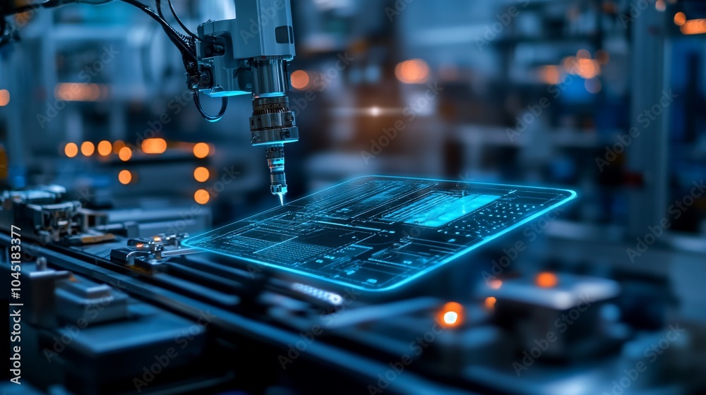 Aufkleber Robotic arm assembling a circuit board with holographic display on a conveyor belt in a factory.