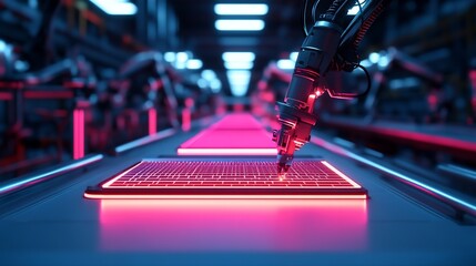 Fototapeta premium Robotic arm working on an assembly line in a futuristic factory setting, with neon lights and a red glowing surface.