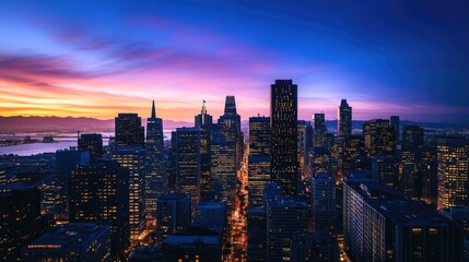 A bustling city skyline at twilight, with skyscrapers lit up against a deep blue sky, showcasing urban life.