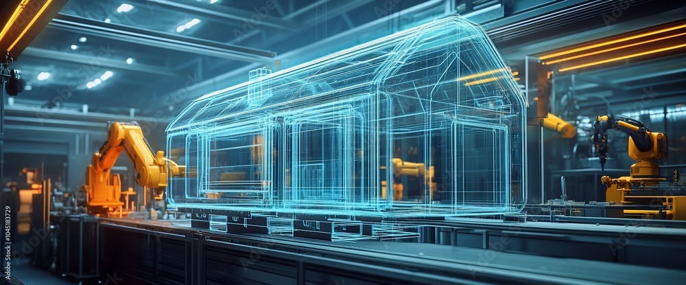 Aufkleber Robotic arms building a digital model of a house on a factory assembly line.