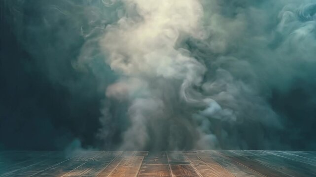 Dark room with smoke and steam coming out of a vent. The room is empty and the only thing visible is the smoke