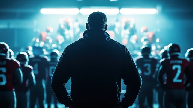A coach inspires his determined players with a motivational speech before a big football game