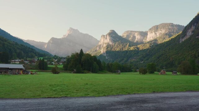 Rustic ski town of Sixt Fer a Cheval near mountain range in Giffre valley at France