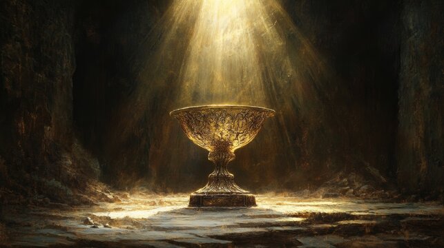 the holy grail, sunbeams on the grail, dark background, copy and text space, 16:9