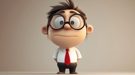 Humorous 2D cartoon character with oversized glasses dressed in a white shirt and red tie showcasing a playful geeky vibe