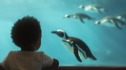 Kid Observing Penguins at Exhibit with Parents Nearby