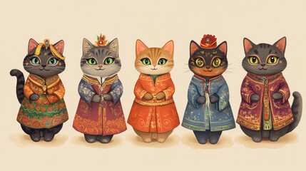 Charming cartoon cats dressed in traditional attire ideal for celebrations and cultural themes