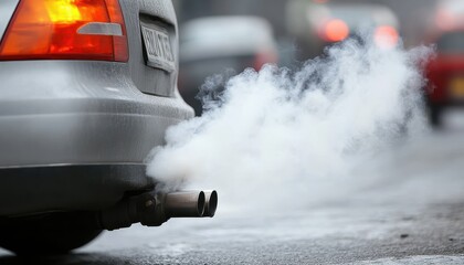 Obraz premium Thick smoke billows from car exhaust pipe on a busy street during rush hour
