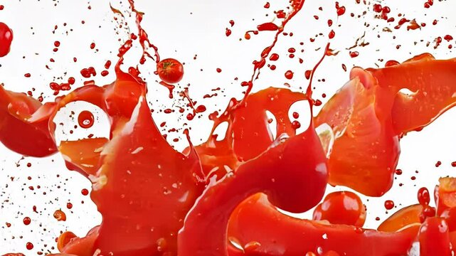 Splash of red tomato sauce is splattered across a white background. The sauce is in the shape of the letters "dso" and "so". Concept of messiness and chaos