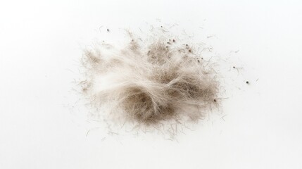 A clump of light brown animal fur scattered on a white background.