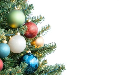 Fototapeta premium A close-up of a Christmas tree with colorful baubles and fairy lights. 