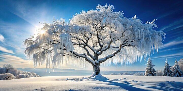 Snow covered tree with icicles in winter wonderland