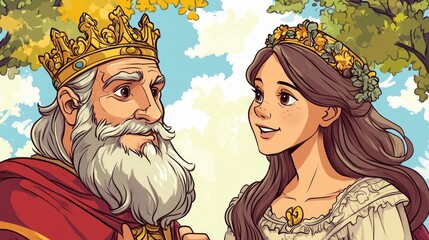 Cartoon illustration of a joyful king conversing with a lovely young woman designed as a coloring page for children