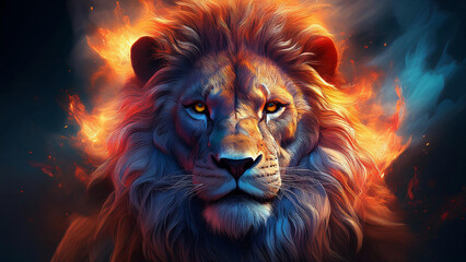 Naklejka premium Abstract portrait of a lion with fire, mystic, futuristic, menacing, art, design, illustration