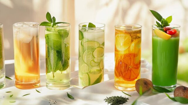 Row of five tall glasses filled with different colored drinks. The drinks are garnished with fresh herbs and fruit