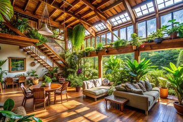 Obraz premium A large living room with a lot of greenery and plants