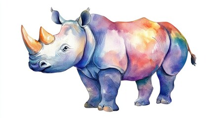 Obraz premium Watercolor illustration of a cartoon rhinoceros suitable for print design Isolated graphic template