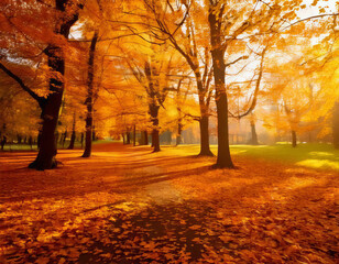 Fototapeta premium Scenic Autumn Landscape Featuring Vibrant Orange and Yellow Trees, Transforming a City Park into a Colorful Haven of Yellow Leaves, Capturing the Beauty and Serenity of the Fall Season