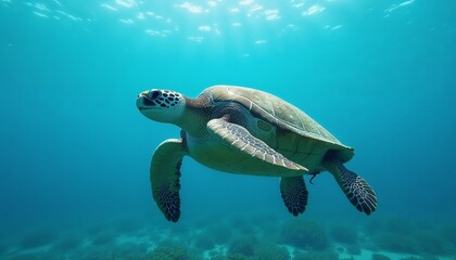 Obraz premium Sea turtle swimming underwater in clear blue ocean