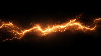 Isolated visual effect of orange electric lightning strike on a black backdrop