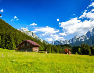 Obraz premium Picturesque Mountain Landscape Featuring a Cozy Hut Nestled Amidst Lush Forests and Towering Peaks, Under a Clear Sky in the Alps, Capturing the Essence of Summer in Nature's Breathtaking Beauty