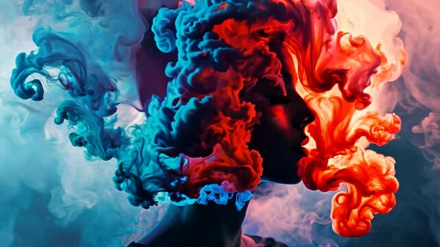 Woman's face is shown in a blue and red smoke. The smoke is thick and dense, creating a sense of suffocation and claustrophobia