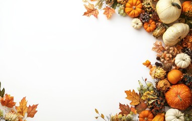 Thanksgiving: A harvest scene with pumpkins, autumn leaves, and a cornucopia of fruits and vegetables.