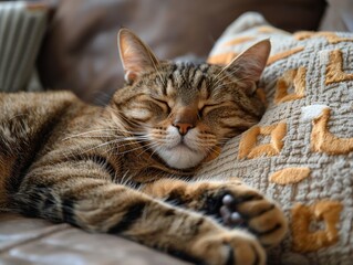 Cats lounging in cozy spots. Featuring comfortable furniture and warm lighting. Emphasizing relaxation and comfort. Ideal for pet furniture advertisements and cozy home decor.