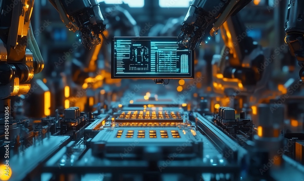 Aufkleber Two robotic arms working on a production line, with a screen displaying data in the foreground. The background is blurred, and the scene is lit with warm, yellow lights.