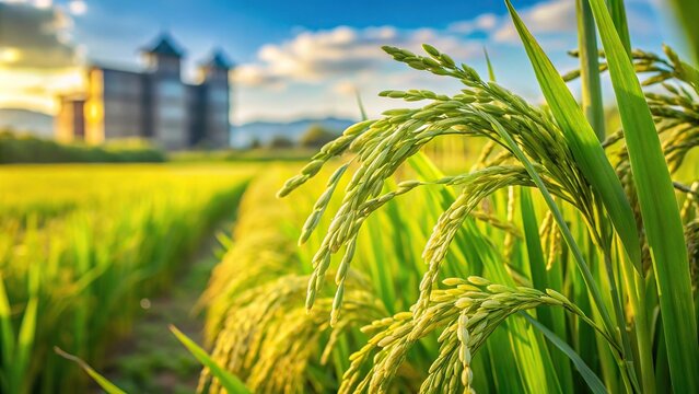 Extreme close-up shot of a rice mill and green rice field landscape