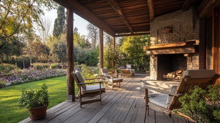Obraz premium Rustic wooden veranda with a fireplace, paired with cozy chairs and overlooking a blooming garden.