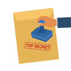 Hand stamps on paper document with top secret stamp in flat design.
