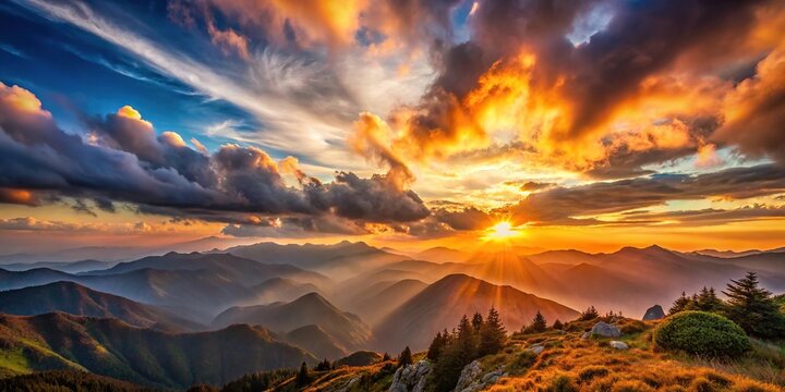 Extreme close-up shot of a sunset in the mountains with clouds rolling over hills in the evening
