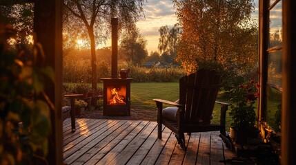 Serene evening by the fire on a wooden veranda, with inviting chairs facing a peaceful garden.