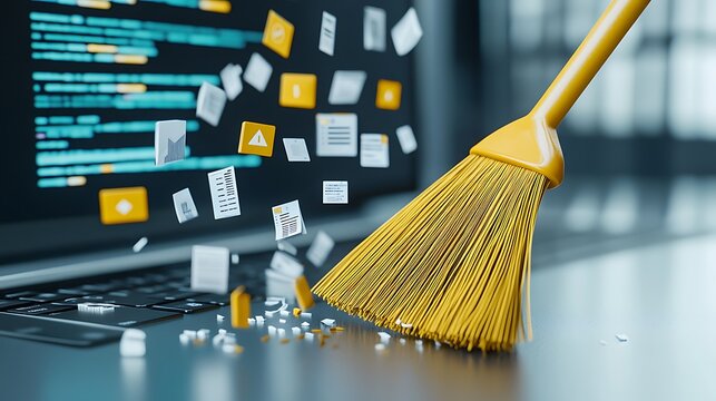 A broom sweeping away old files from a computer desktop