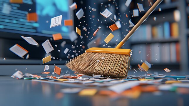 A broom sweeping away old files from a computer desktop