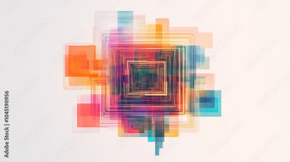 Poster captivating quantum qr code concept, featuring layered translucent shapes and vivid color gradients 