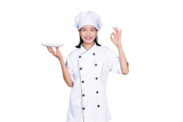 Asian woman chef in uniform serving food on a plate isolated transparent