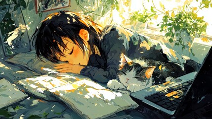 Fototapeta na wymiar Vibrant Anime Teen in Eclectic Study Environment