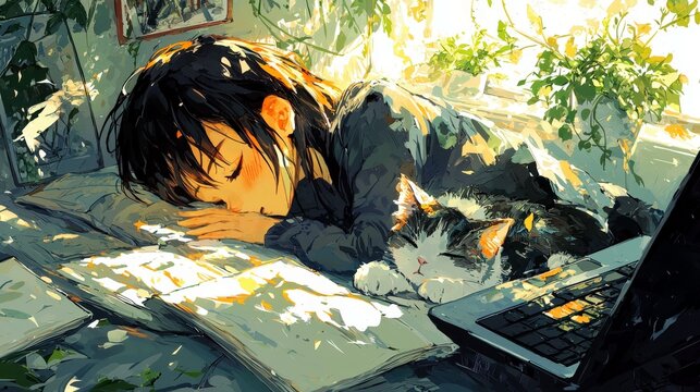 Vibrant Anime Teen in Eclectic Study Environment