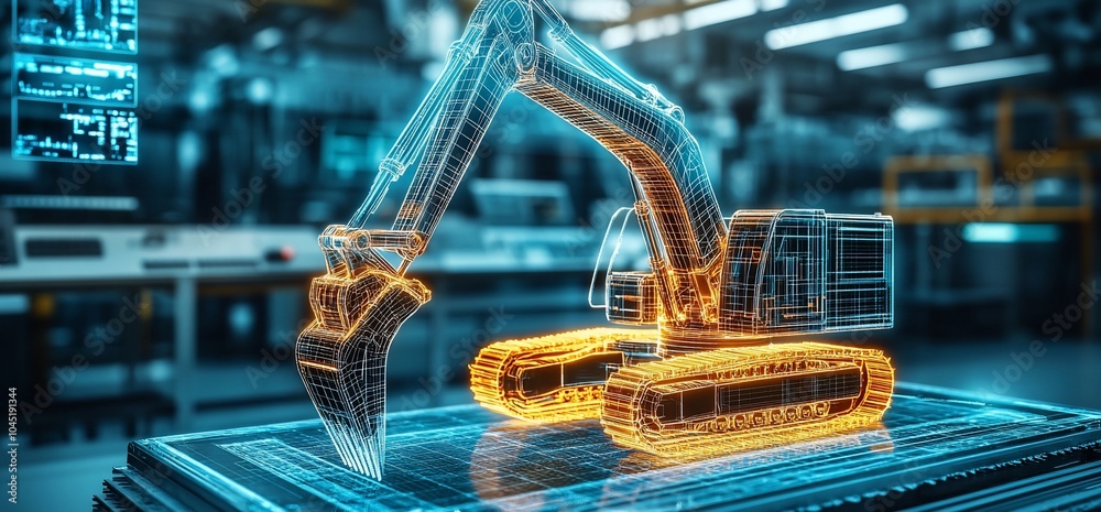 Poster wireframe excavator model on a digital table.