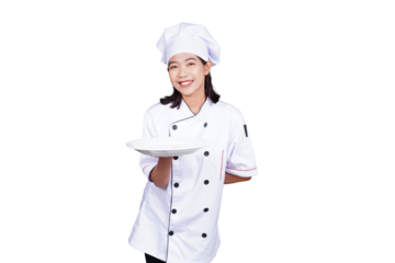 Asian woman chef in uniform serving food on a plate isolated transparent