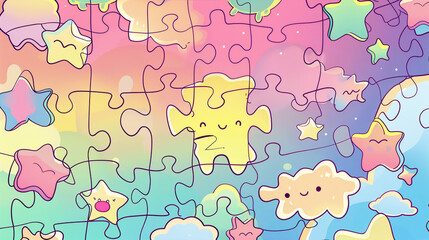 Fototapeta premium Cheerful Jigsaw Puzzle Filled with Bright, Happy Faces, Cute Kawaii Characters, and a Colorful, Fun Design 