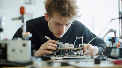 close-up of a modern quantum engineer assembling intricate components on a high-tech device