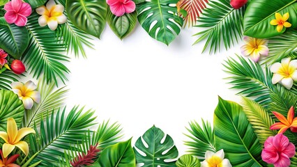Extreme close-up summer frame or border with tropical palm leaves and flowers on white background