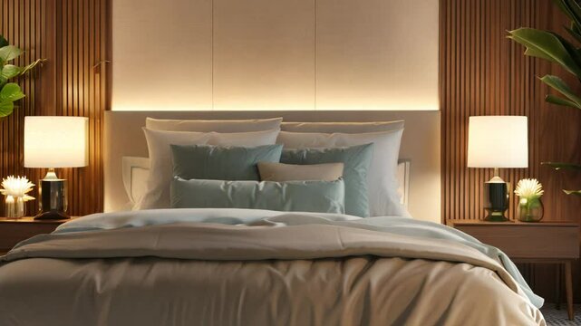 Bed with a white comforter and pillows, a lamp on a nightstand, and a potted plant. The room has a cozy and inviting atmosphere