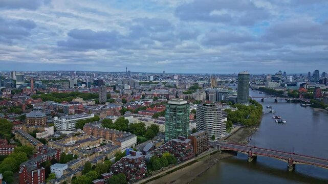 Panoramic drone view about the Millbank Tower and Victoria Tower along the River Thames, London, England.