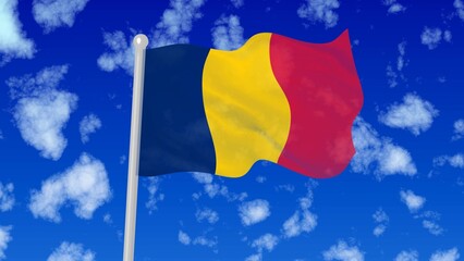 Flag with Blue, Yellow, and Red Stripes Against Cloudy Sky